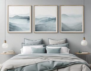 Minimalist bedroom with three wooden frames above the bed, nature landscape posters in each frame. Pastel blue and grey bed sheets and pillows, grey wall.