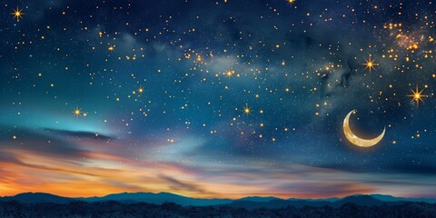 A surreal night panorama featuring a bright crescent moon among twinkling stars over a mountain landscape with vibrant sunset hues