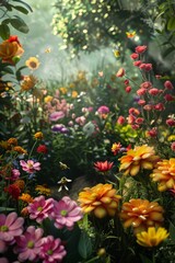 Naklejka premium A breathtaking garden filled with a wide variety of vividly blooming flowers, creating a visually stunning display of colors and textures.