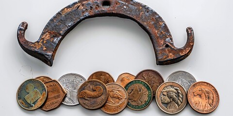 Antique horseshoe and international coins on a blank surface.