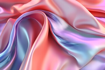 Luxury 3d silk texture background. Fluid iridescent holographic neon curved wave in motion purple, pink, and peach elegant background. Silky cloth luxury fluid wave banner.