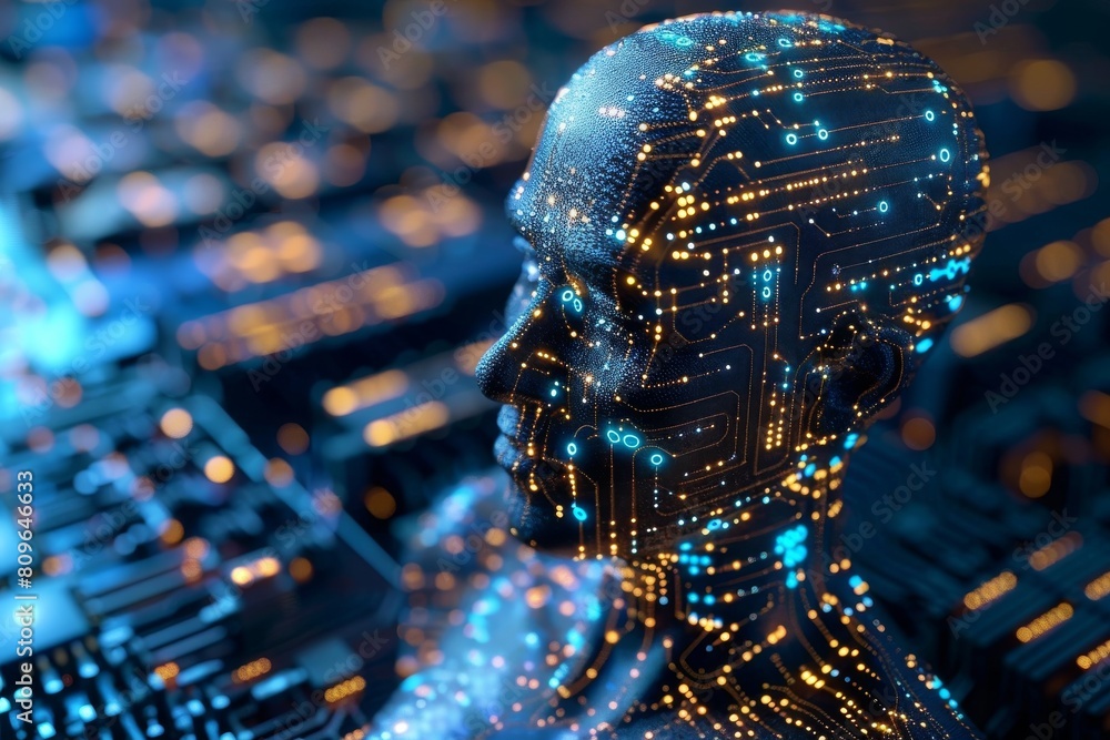 Poster this captivating image portrays a digital human face with intricate circuit patterns highlighting th