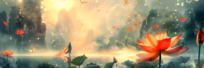 Background image wallpaper a painting of a flower and a man in a forest