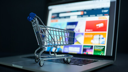 Online shopping concept with miniature cart on laptop