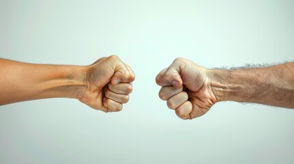 The fists of two people with male and female faces collide against the light background. The design suggests confrontation, competition, family disputes, etc.