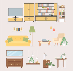 Retro Furniture and home accessories in vintage style. Living room with TV set, wall shelf, wardrobe, coffee table