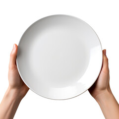 hand holds empty plate isolated on transparent background