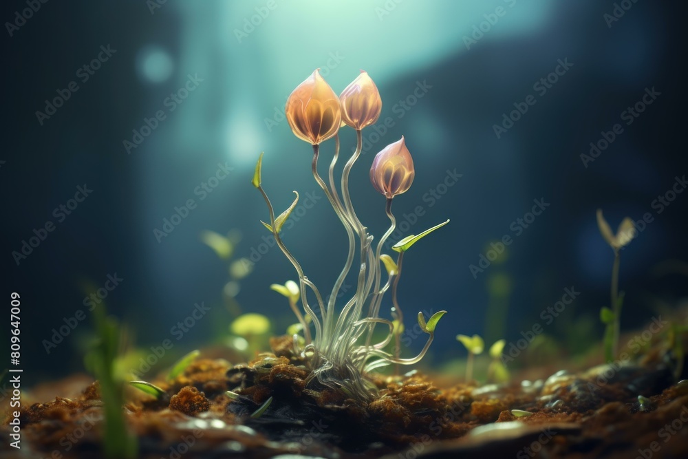 Poster the enchanted forest floor blooms in a magical and mystical setting with illuminated soft lighting. 