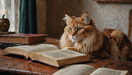 Red cat reading and studying with book