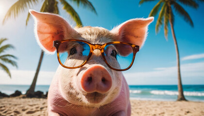 Funny animal cute pig in glasses on summer vacation enjoying tropical resort