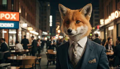 A fox in a suit and tie standing in front of a city. Conveying a savvy businessman.