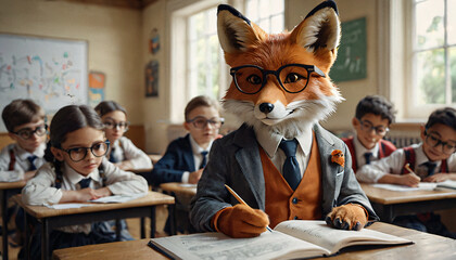 Smart unique and clever student in classroom in a form of a fox.