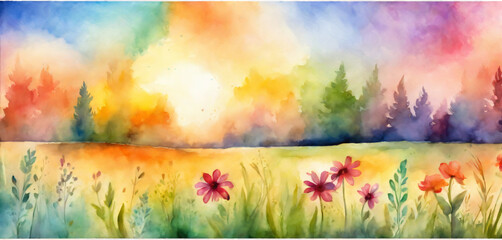 A landscape painting,colorful flowers in field under beautiful clouds