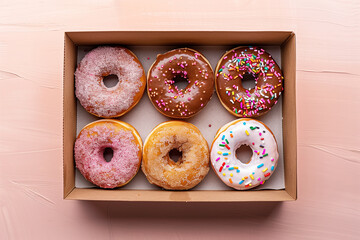 Overhead view of donuts in cardboard box