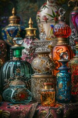 Naklejka premium A collection of intricately designed antique perfume bottles displayed on a table.