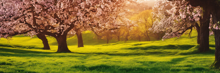 Pink cherry tree blossom flowers blooming in a green grass meadow