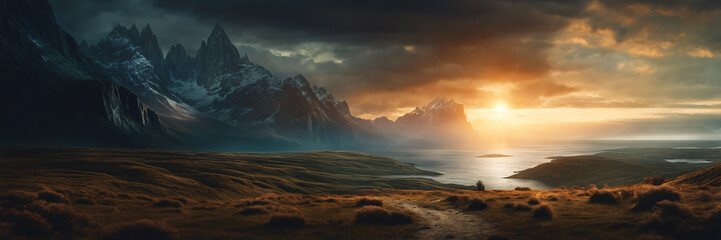 Panorama of landscape with sunrise