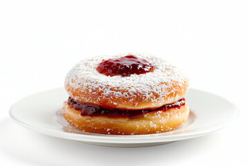 a plate with two donuts covered in powdered sugar