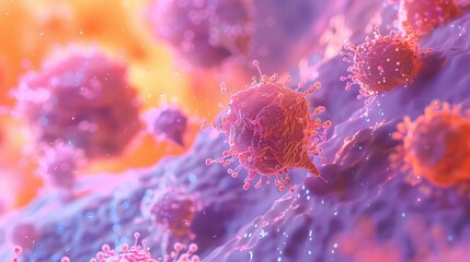 Obraz premium A detailed view of intestinal cancer cells under a microscope, set against a soothing vaporwave backdrop to enhance educational and diagnostic visuals