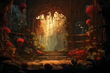 Mystical forest scene with lush flora and a magical archway bathed in golden twilight