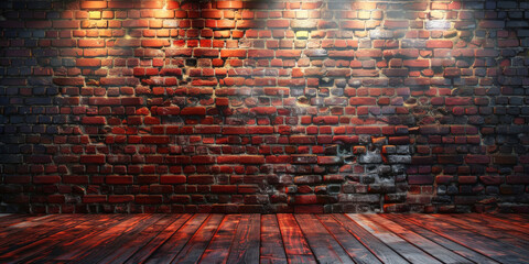 empty room with  wooden floor with spotlight on brick wall background, 