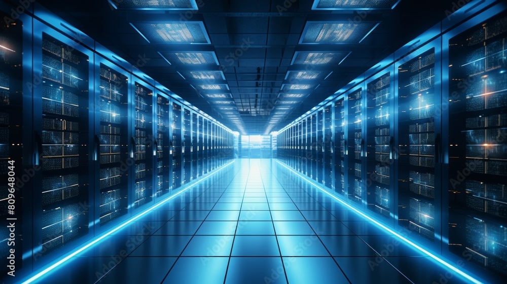 Poster A bustling data center filled with rows upon rows of servers, their lights blinking in a mesmerizing rhythm.