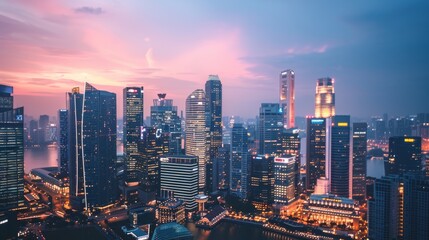 A breathtaking panoramic view of a serene cityscape at twilight, with towering skyscrapers illuminated against a soft, pastel sky.
