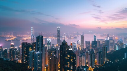 A breathtaking panoramic view of a serene cityscape at twilight, with towering skyscrapers illuminated against a soft, pastel sky.