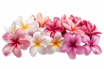 Assorted white, colorful, and pink plumeria flowers arranged in clusters on a white background.
