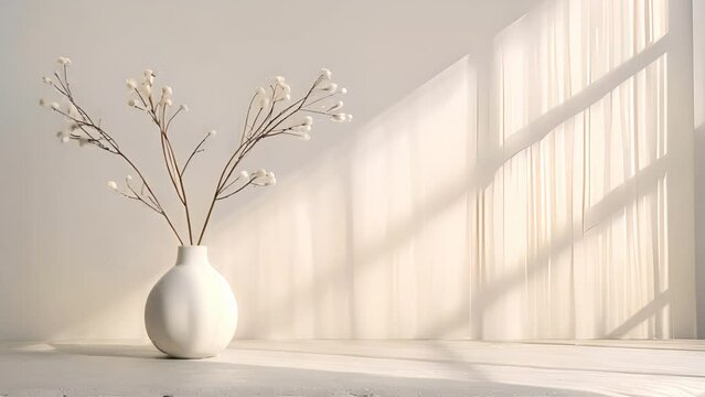 Vase with dried flowers basking in serene sunlight through blinds