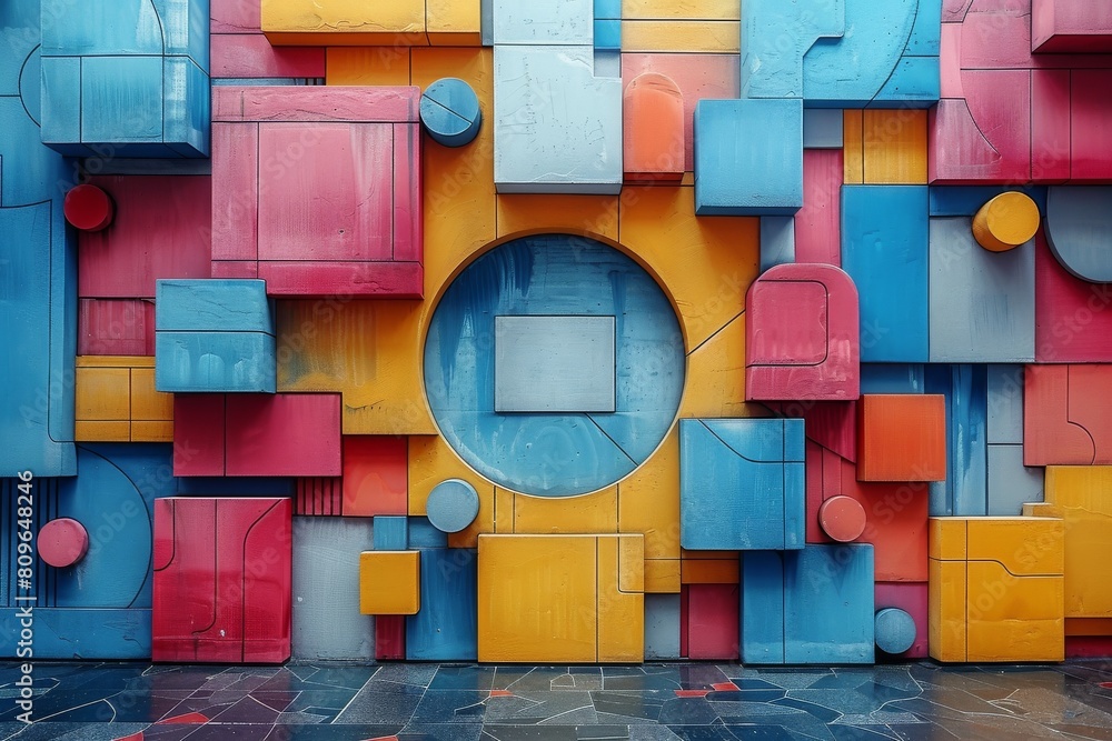 Poster this image captures an abstract mural painted with bright primary colors and various geometric eleme