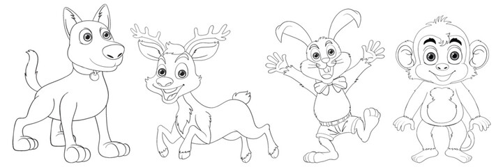 Line drawing of a dog, deer, rabbit, and monkey