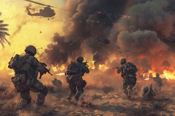 A group of soldiers engaged in a firefight energetically running through a field.