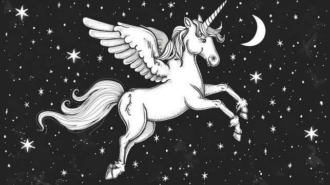 I invite you to fly with me. Believing in miracles. Black and white motivational quote with unicorn in flight.