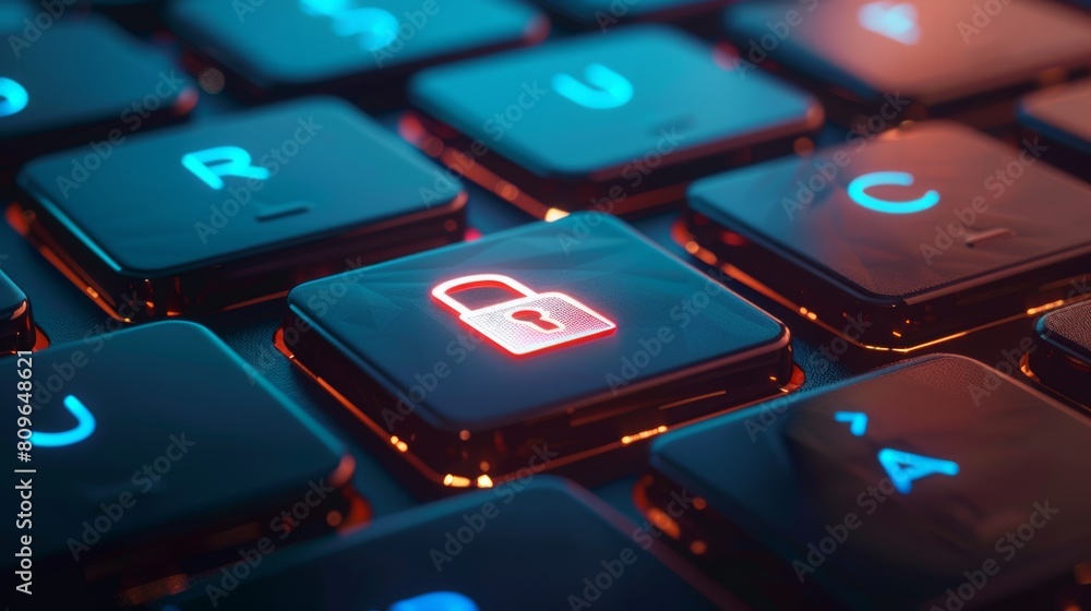 Poster a button on the keyboard with the symbol of a closed lock. it represents network security, virus pro