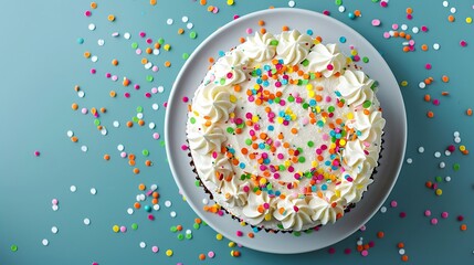 Birthday cake top view with colorful sprinkles