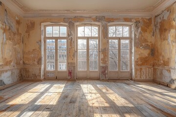 A spacious empty interior showcases sunlit vintage walls with peeling paint and large windows