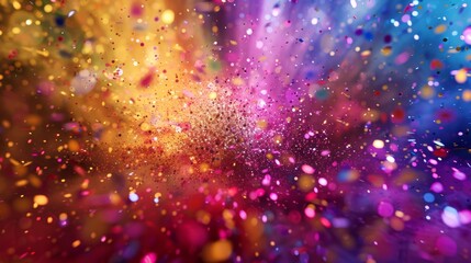 A captivating burst of vibrant rainbow-colored particles exploding from the center of a confetti-filled stage, showering the audience with a dazzling display.