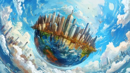 A captivating cityscape painting of a thriving global business center on a rotating blue planet, reminiscent of classic impressionist masterpieces.