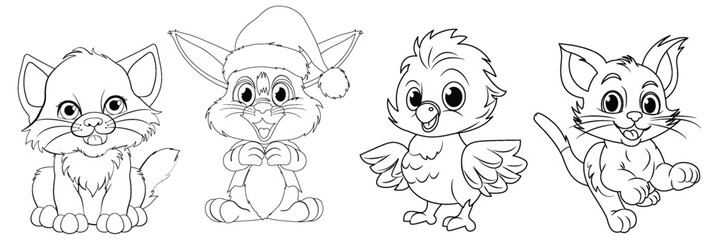 Four cartoon animals, including a festive bunny