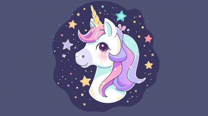An adorable cartoon unicorn rock star with a purple mane surrounded by star dust. Use as a sticker, patch badge, card, t-shirt or for children's designs.