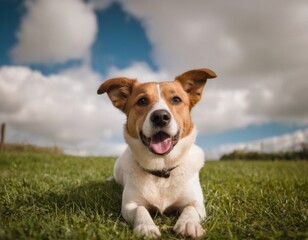 A dog is laying on the grass in a field