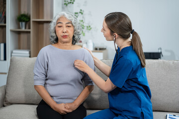 doctor measure heart rate by stethoscope on older patient. Medical insurance service concept.