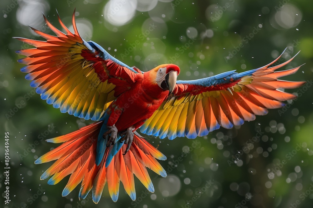 Poster a stunning image capturing the mid-flight vibrancy and dynamic colors of a scarlet macaw with wings 