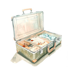 Watercolor illustration of a man preparing for a trip by opening a suitcase on a white background