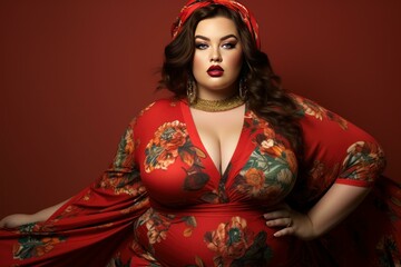 Obraz premium Glamorous plus-size woman poses in a vibrant red floral dress against a warm background