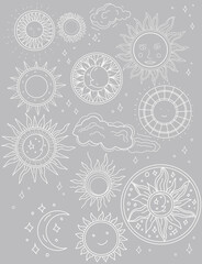 Sun graphics symbols astrology tarot cute cartoon coloring tattoo set separately on a white background stars space boho horoscope