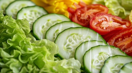 A close-up photo of freshly cut salad vegetables, showcasing their crisp textures and enticing colors.