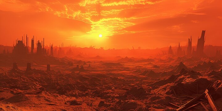 Ruined Cityscape in Desolate Post-Apocalyptic World. Apocalyptic Horizon with Silhouettes of Destroyed Buildings. Generative AI