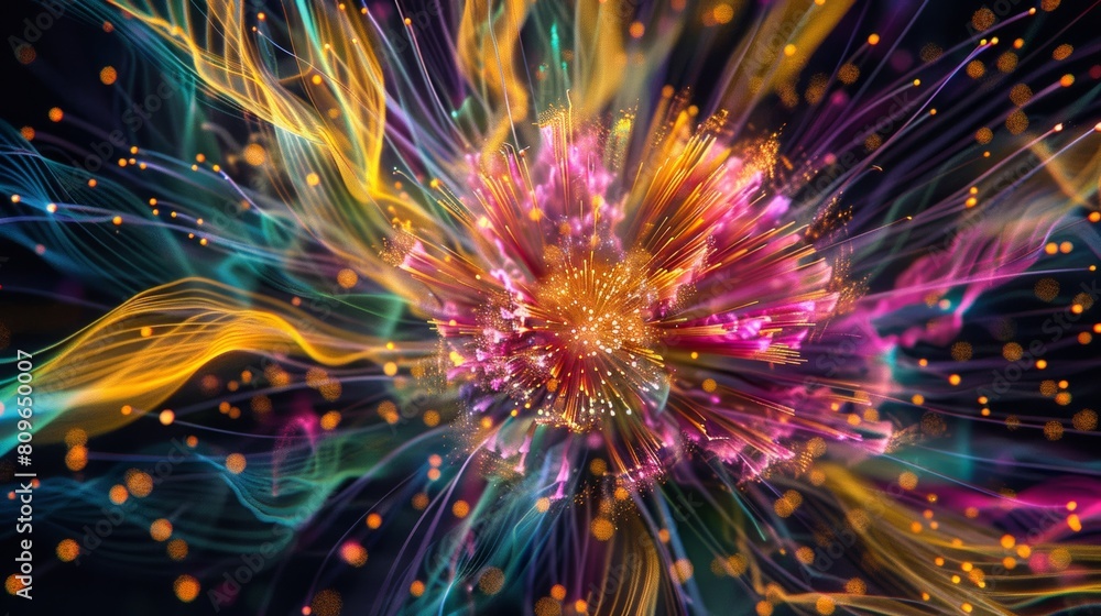 Poster a close-up photorealistic explosion of colorful fireworks, capturing the intricate details of the bu